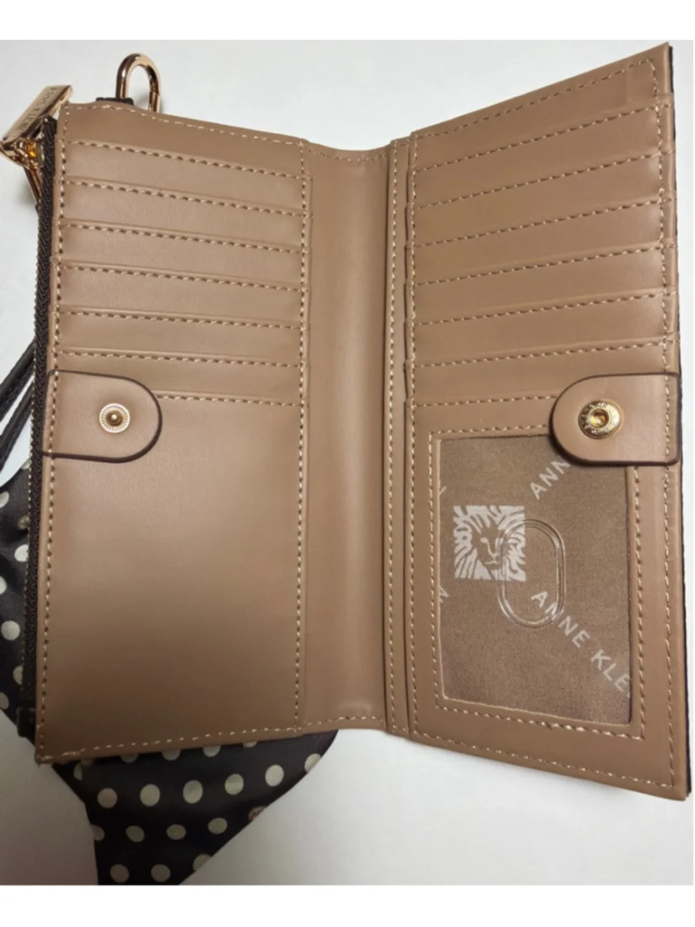 Women's Anne Klein Pebbled Brown Wristlet Wallet With Polka Dot Scarf NWOT